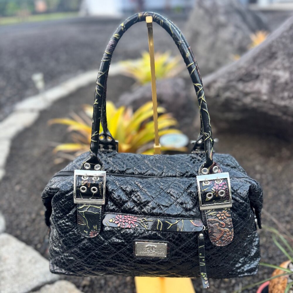 Sharif 1827 Black Embossed Floral Leather Satchel Bag